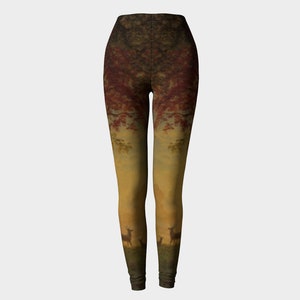Gift her these Autumn Morning Leggings with Fall Colors as an Outfit for Gym Workout or Active Wear with a woodsy scene