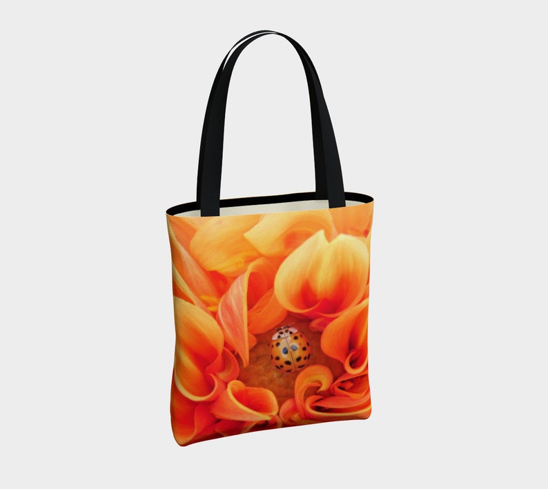 Yellow Flowers Golden Ladybug Dahlia Tote Bag,Totebag Lined Tote,Totebag for Women,Grocery Tote,Tote with Straps,Zipper Pocket,Floral Tote