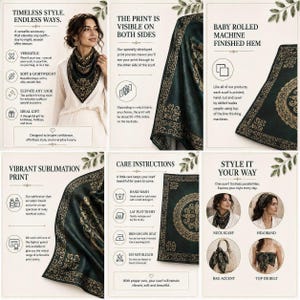 A graphic displays:  Features, Two Sided Print Visibility, Craftsmanship detail, Print Quality, Care Instructions, and the Many Ways to Wear the scarf.