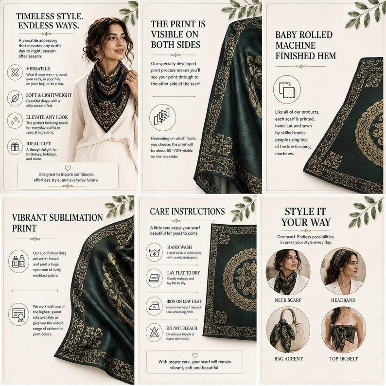 A graphic displays:  Features, Two Sided Print Visibility, Craftsmanship detail, Print Quality, Care Instructions, and the Many Ways to Wear the scarf.