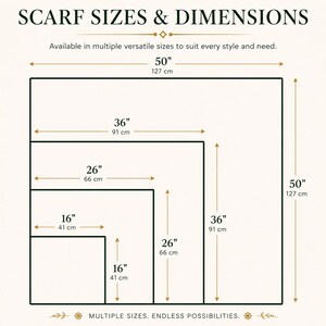 Scarf sizes and dimensions diagram showing four available scarf size options in inches: 16x16, 16x26, 26x36, and 36x50.