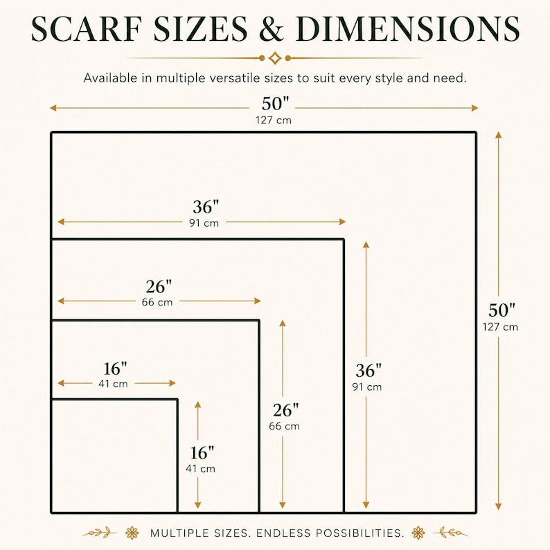 Scarf sizes and dimensions diagram showing four available scarf size options in inches: 16x16, 16x26, 26x36, and 36x50.
