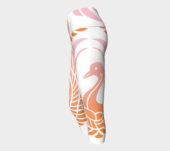 Japanese Crane Capri Leggings: High Waist Yoga Workout Capris