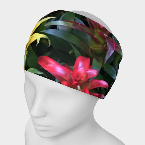 Nivia's Flowers Headband, Hair Band, Head Bands, Head Scarf, Neck Scarf, Yoga Headband,  Head Wrap, Face Warmer, Guzmania, Red, Gold, Floral