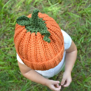 Op de afbeelding: Een gehaakte pompoenmuts in oranje en groen. De muts heeft een steel en bladeren bovenop.