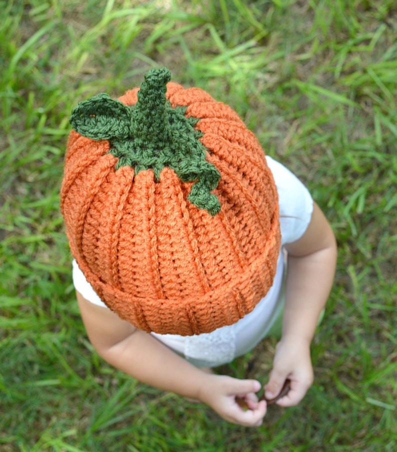 Op de afbeelding: Een gehaakte pompoenmuts in oranje en groen. De muts heeft een steel en bladeren bovenop.