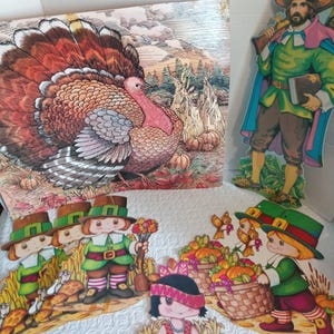 Vintage Fall Paper Decor, Lot of 8, Pilgrim Boys, Hunter, Turkey, Indian Boy