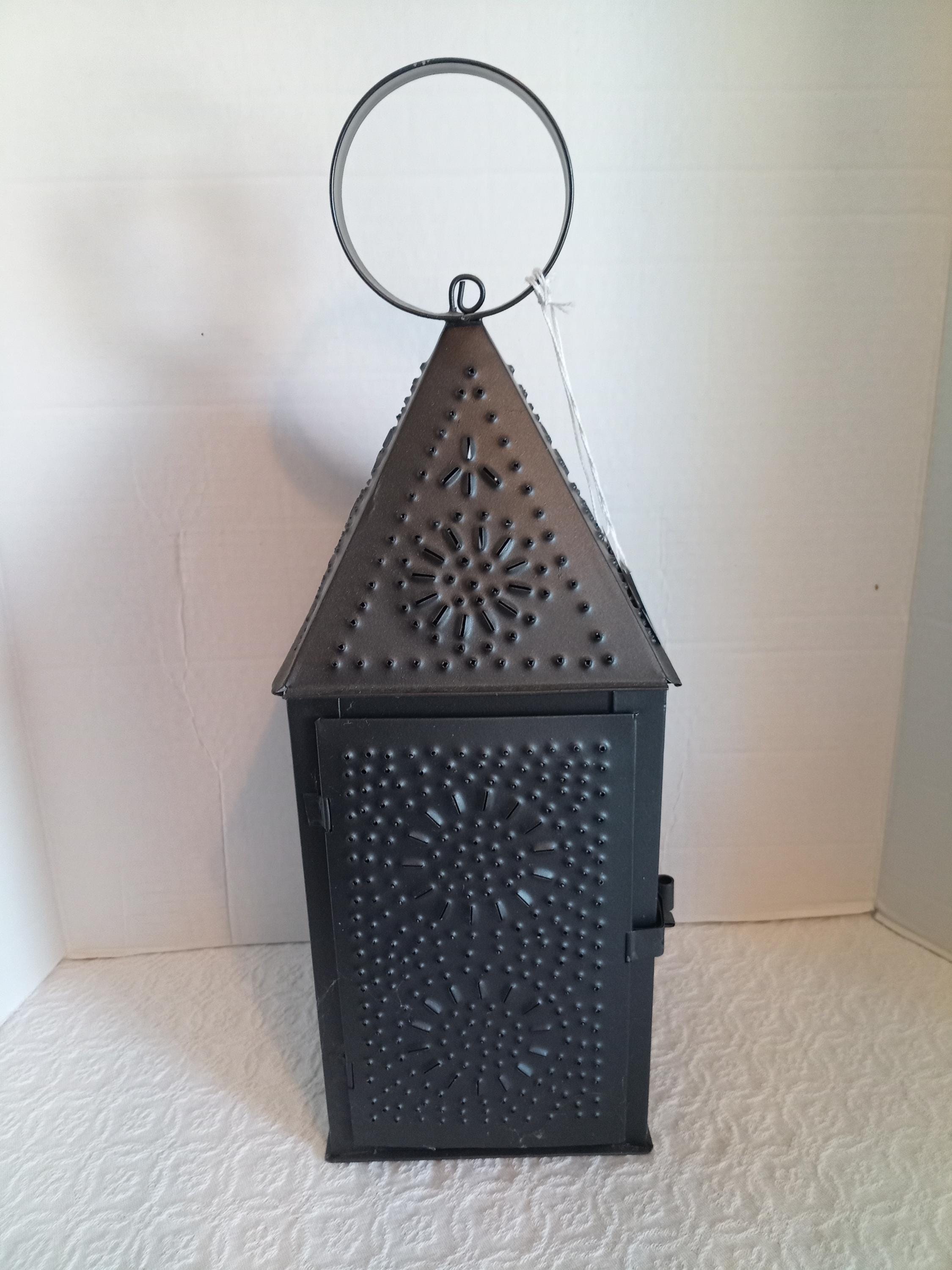 Black Metal Square Punched Tin Lantern for Candle and floral arrangements