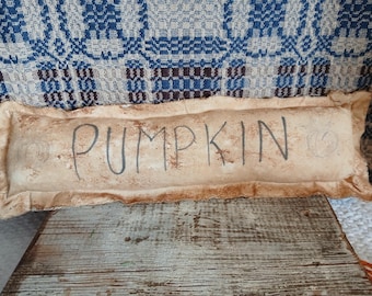 Primitive Pumpkin Pillow – Grungy Fall Farmhouse Decor – Rustic Autumn Shelf Tuck – Thanksgiving Accent
