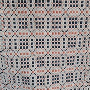 May include: Close-up of a woven fabric with a repeating geometric pattern. The design features small, dark blue and rust-colored squares arranged in a grid against a cream-colored background. The texture appears soft and slightly textured.