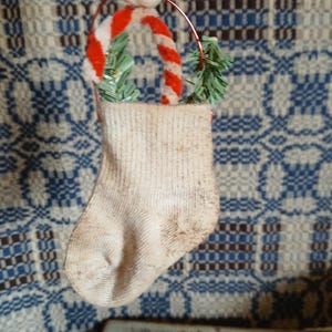 Set of 2 Mini Grunged Stocking Ornaments, Greenery and Candy Cane, Primitive Christmas Tree Ornament