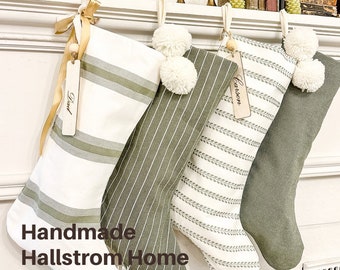 Neutral Christmas Stocking, Green Farmhouse, Holiday Stockings with Pom Pom and Personalized Name Tag Option