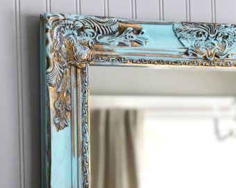 Aqua Blue Wall Mirror/Shabby Chic Decor/French Country Framed Mirror/ Antique Mirror/Distressed Mirror/Decorative Wall Mirror