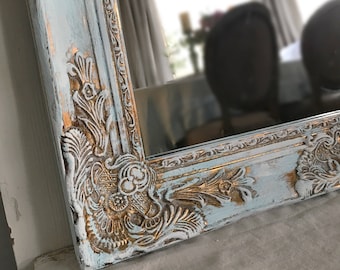 Blue and Gold French Farmhouse Mirror, Farmhouse Vanity Mirror, Bathroom Mirror, Ornate Mirror