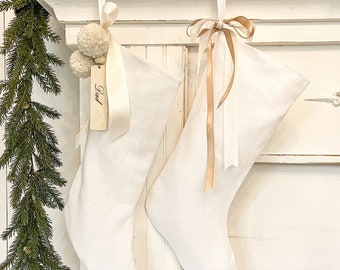 White Linen Christmas Stocking/Holiday Mantle Hanging Stockings/handmade farmhouse decor