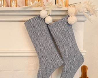 Blue Wool Christmas Stockings/Personalized Family Stockings/ White Holiday Stockings/Farmhouse Stocking