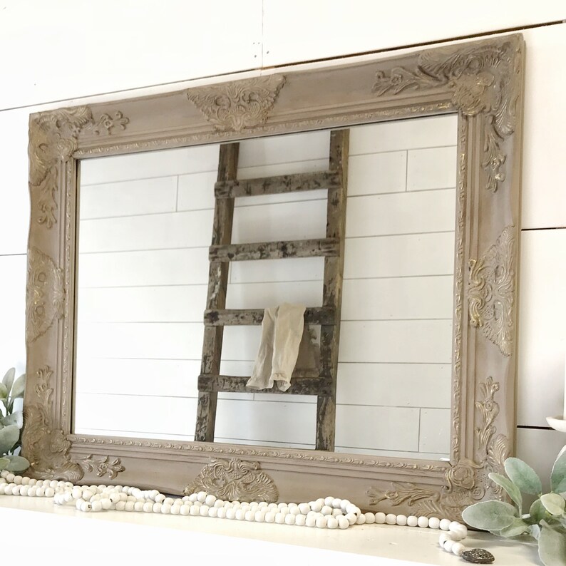 Farmhouse Vanity Mirror Shabby Chic Decor Cocoa Gold Bathroom Aged Wall Hanging
