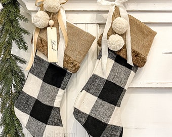 Buffalo Plaid Christmas Stockings/Burlap Cuff Personalized Family Holiday Stockings with Fur