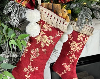 Vintage Red Christmas Stocking. Red Toile Holiday Boho Trim Farmhouse Stocking. Pom Pom trim sold separately