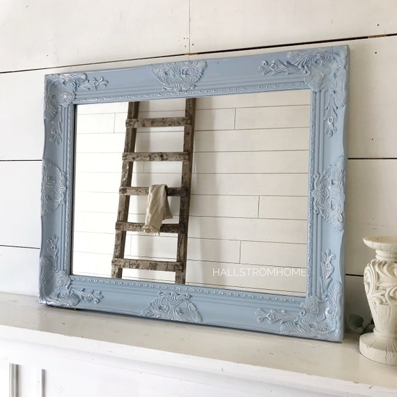 Blue And Sliver Nursery Mirror Bathroom Shabby Chic Farmhouse Wall Hanging Boy