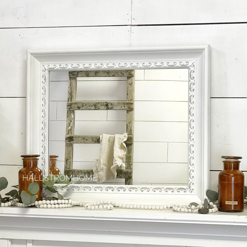 White Farmhouse Mirror Shabby Chic Decor Bathroom Distressed Decorative Wall Hanging
