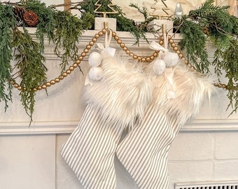 Brown Ticking Stripe Christmas Stockings/Personalized Fur Trim Family Stockings/ White Christmas Holiday Decor/ Farmhouse Stocking