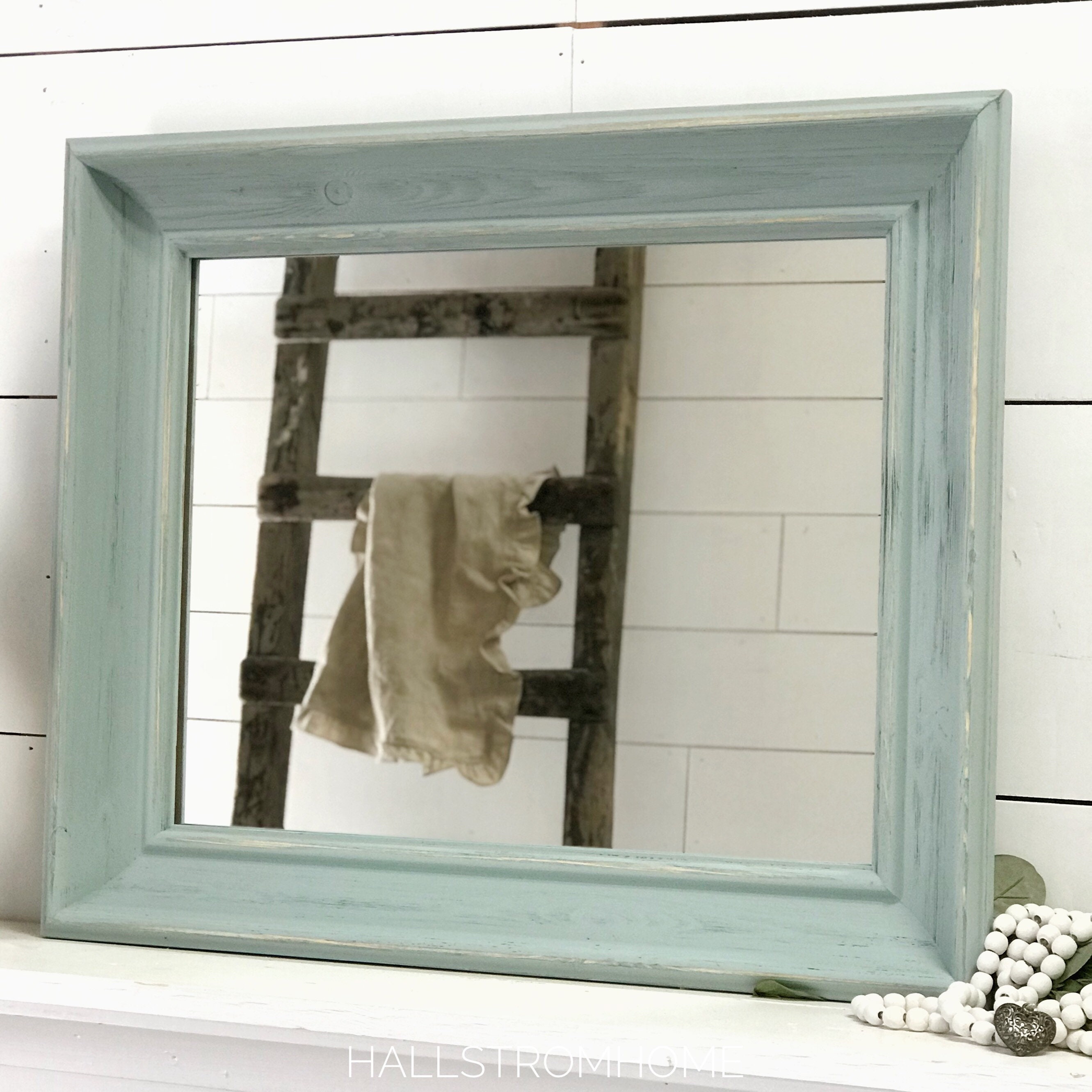 Wood Framed Mirror Blue Bathroom Vanity Rustic Decor Wood Framed Mirror Blue Bathroom Vanity, Blue Distressed Wood Mirror