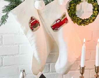 Red Christmas Truck Stocking. White Linen Embroidered Holiday Stockings\Handmade