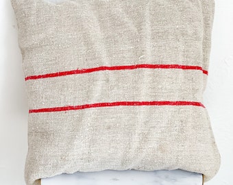 Antique Grain Sack Pillow/ Handmade Red Stripe French Vintage Throw Pillow/ European Farmhouse Style