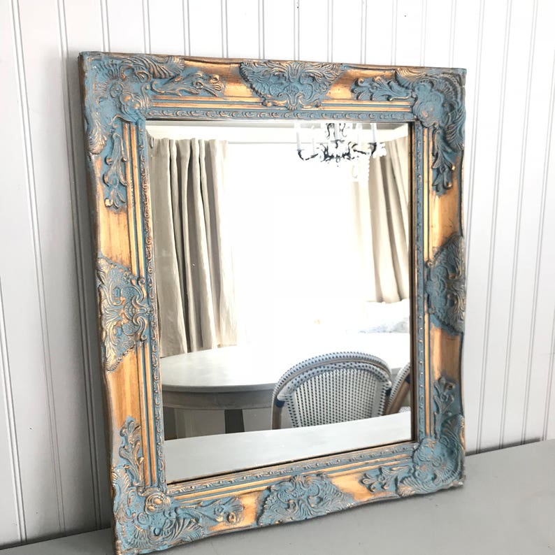 Farmhouse Vanity Mirror Blue And Gold Hanging Farmhouse Vanity Mirror Blue And Gold Hanging Image 0