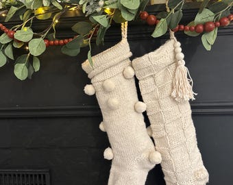 Cream Yarn Woven Christmas Stocking W/Tassels/Pom Poms/Handmade Knitted Scandinavian Holiday Home Decor