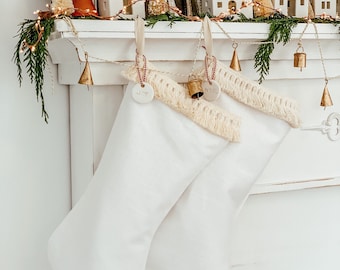 Set of White Linen Stockings/ Boho Christmas Stocking/French Shabby Chic Stocking\Family Hanging Stockings|Set of 2