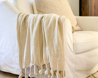 Cotton Pom Pom Blanket/Cotton Blanket/Throw Blanket/Cream Fringe Blanket/Cream Blanket