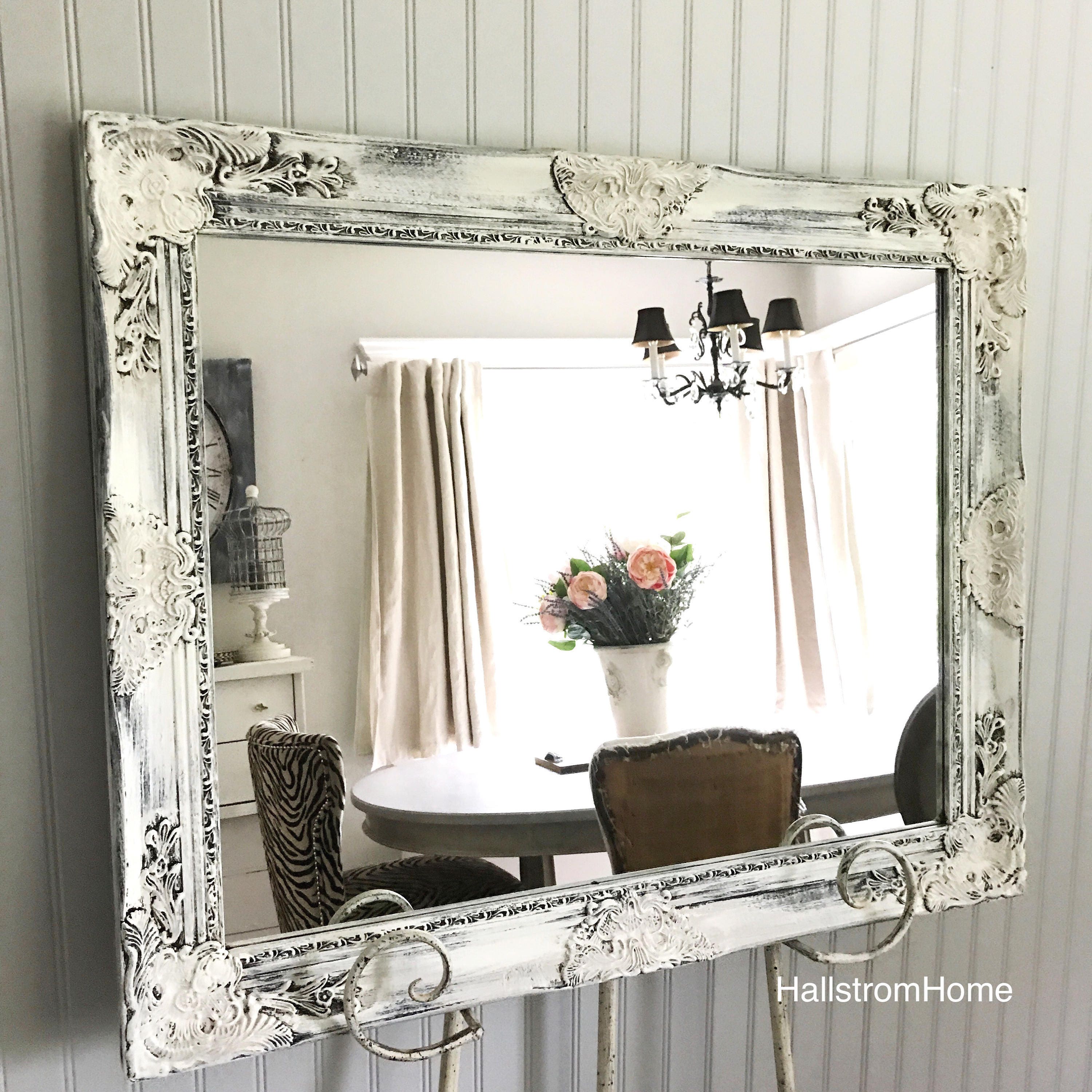 French Farmhouse Mirror Distressed Black and White Mirror Etsy