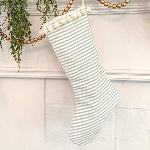 Blue stripe stocking with Pom Pom trim/Christmas Holiday Stockings