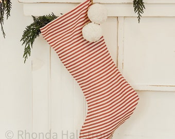 Red Stripe Christmas Stockings/Horizontal Ticking Stripe/Personalized Family Stockings/ White Shabby Chic Holiday Farmhouse Decor