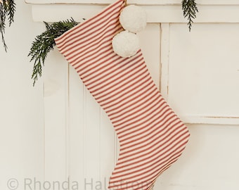 Red Stripe Christmas Stockings/Horizontal Ticking Stripe/Personalized Family Stockings/ White Shabby Chic Holiday Farmhouse Decor