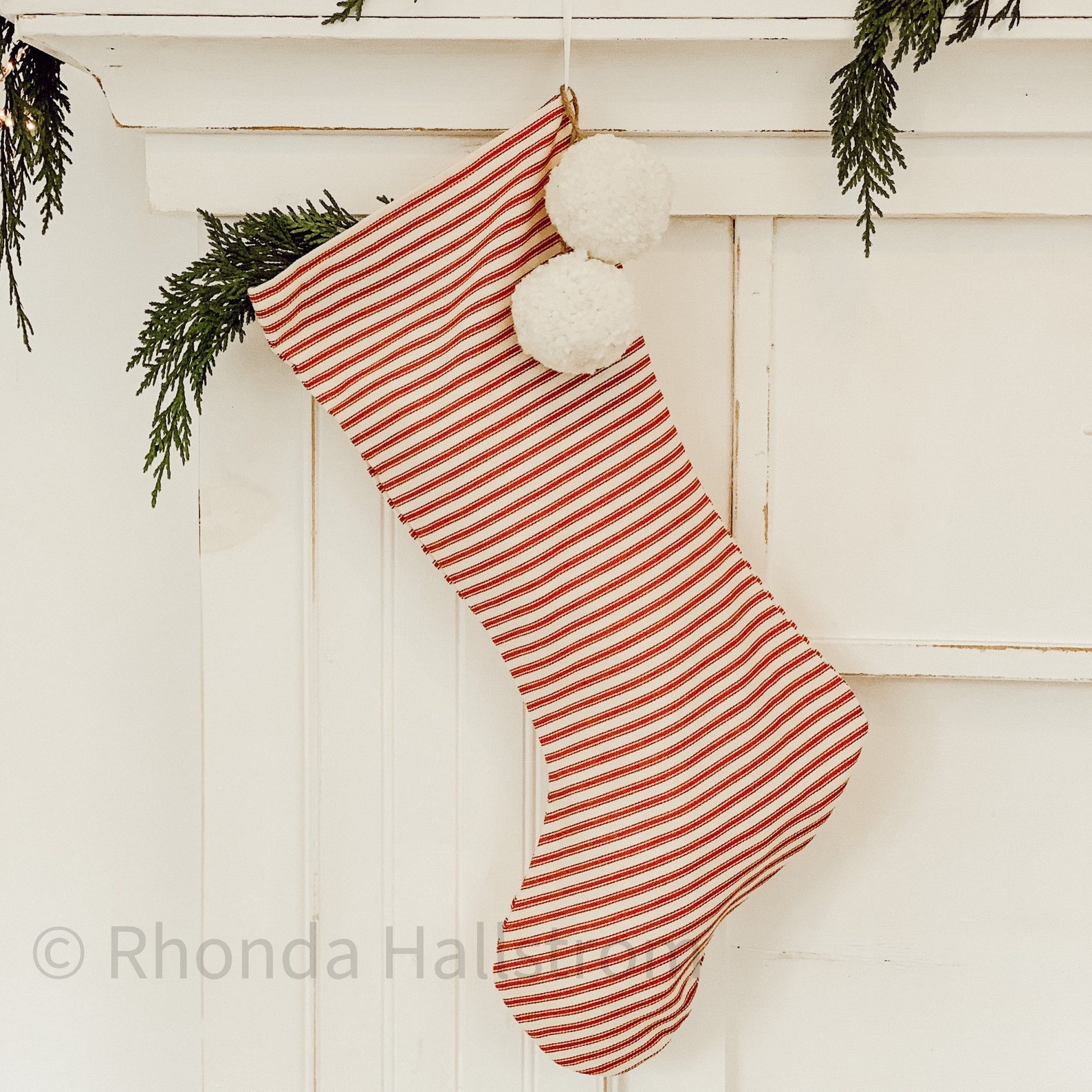 Red Stripe Christmas Stockings/Ticking Stripe/Personalized Family Stockings/Shabby Chic