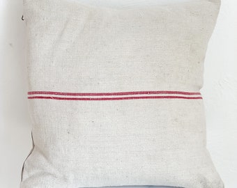 Antique Grain Sack Pillow/ Handmade Red Stripe French Vintage Throw Pillow/ European Farmhouse Style