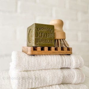 French Milled Soap Bar Set/ Savon de Marseille Soap/ Eco Wood Scrub Brush/ Wood Soap Tray Dish