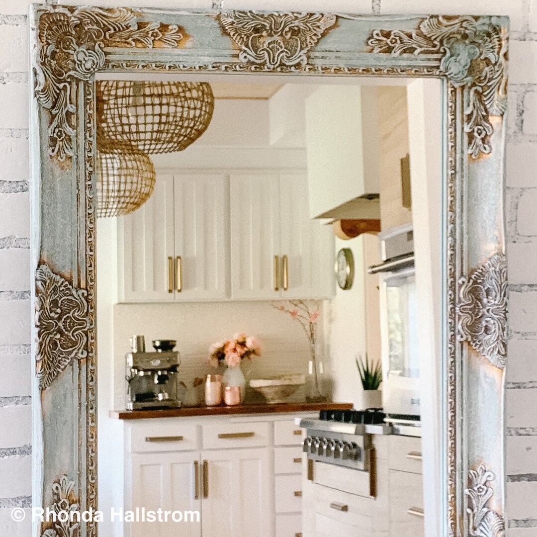 French Shabby Chic Wall Mirror/ Blue Wood Framed Bathroom Mirror/vanity