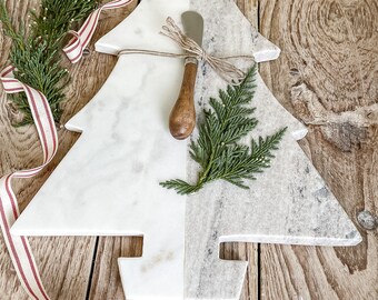 Marble Christmas Tree Cutting Board with knife/Holiday Kitchen Gift/Food Charcuterie Board