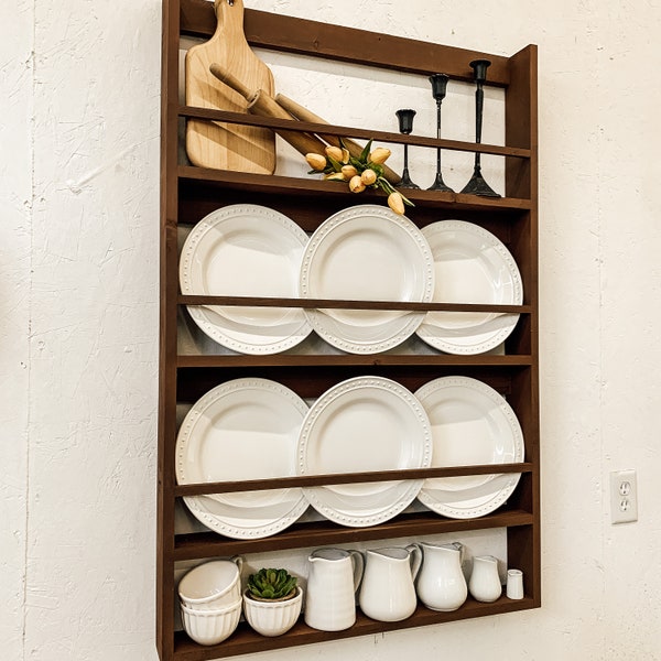 Rustic Wood Plate Rack Shelf/Farmhouse Wood Wall Hanging Display Rack Handmade Custom