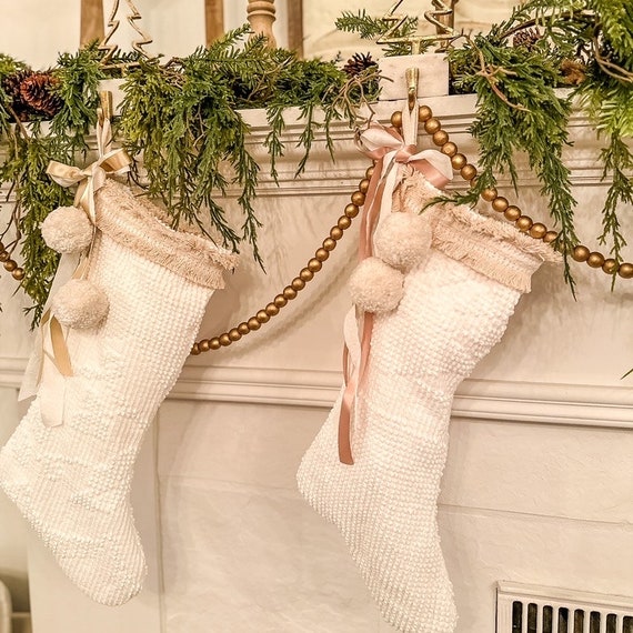 Neutral White Stripe Stitch Christmas Stocking with Velvet Cuff