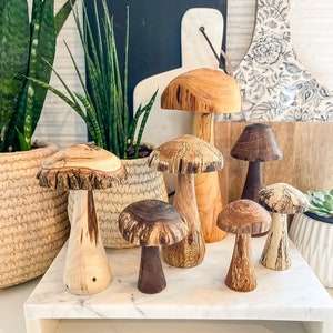 3 hand carved wood mushrooms Handmade 9, 7, 4 inch collection