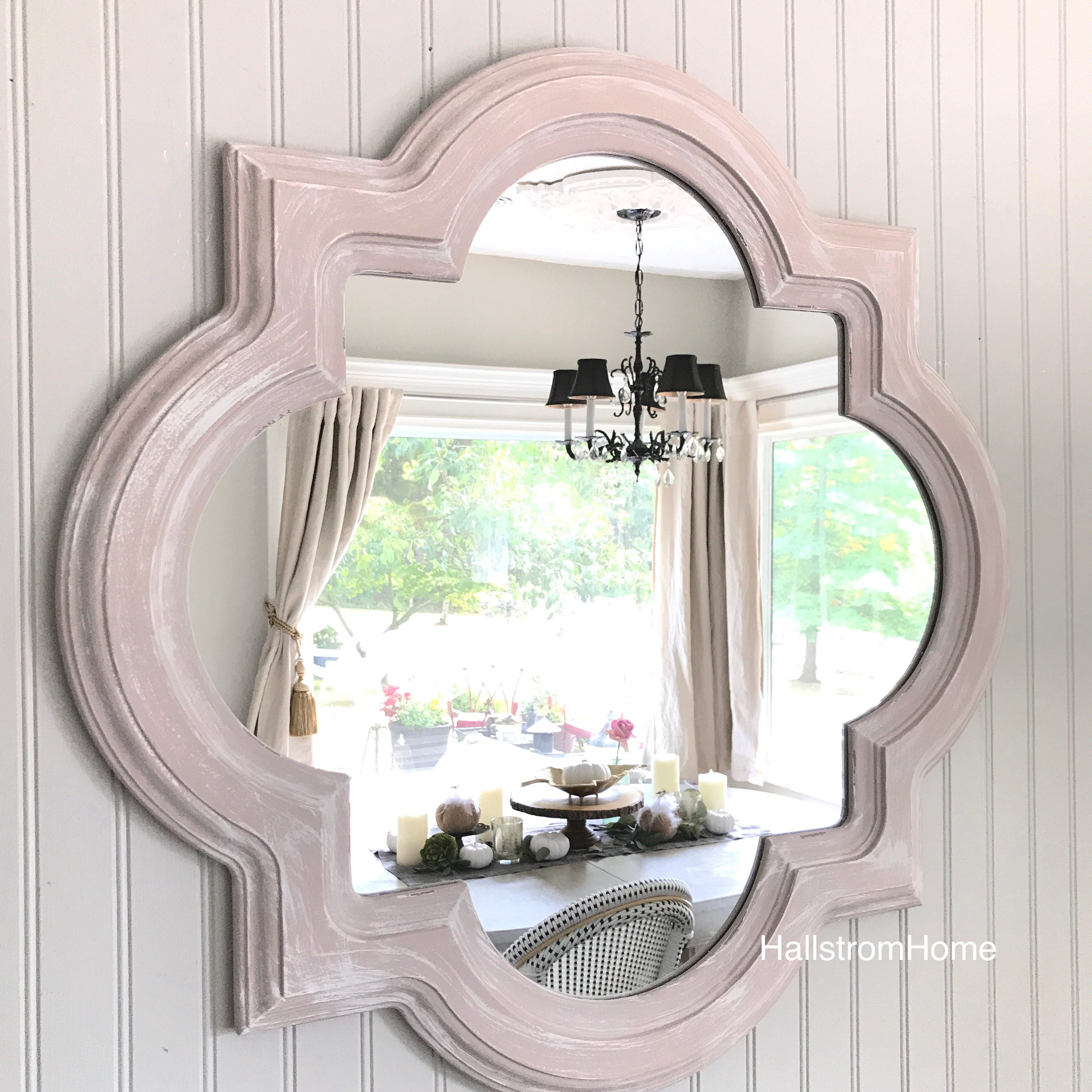 shabby chic scalloped mirror bathroom mirror pink and white | etsy