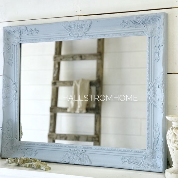 Blue Nursery Mirror Bathroom Shabby Chic Farmhouse Wall Hanging Boy