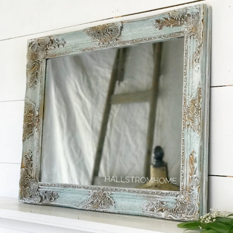 French Shabby Chic Wall Mirror/ Blue Wood Framed Bathroom Etsy