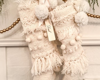 Cream Yarn Christmas Stocking/Handmade Knitted Scandinavian Holiday Home Decor