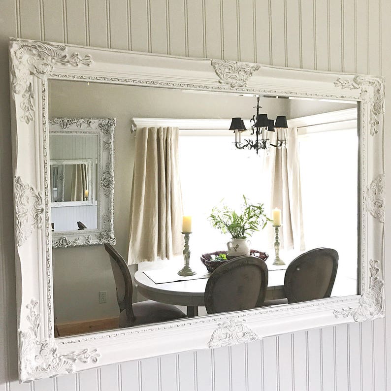 Bathroom Mirror Vanity Shabby Chic Wedding Gift French Country Decor White Distressed With Light Gray